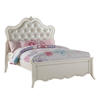 Pine Wood Twin Bed With Button Tufted Headboard, Pearl White