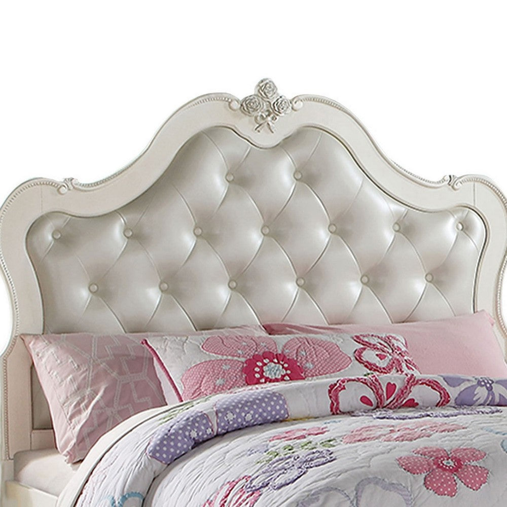 Pine Wood Twin Bed With Button Tufted Headboard, Pearl White