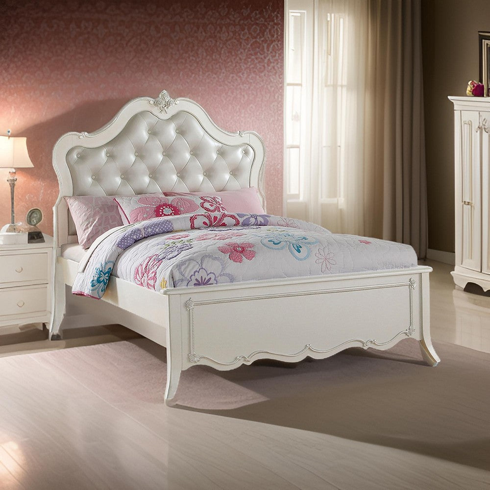 Pine Wood Twin Bed With Button Tufted Headboard, Pearl White