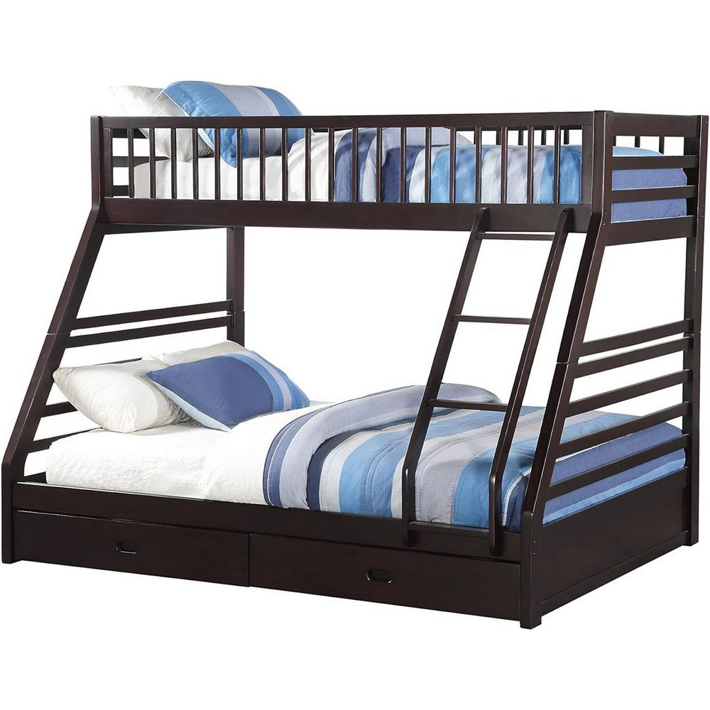 Wooden TwinXL/Queen Bunk Bed with Drawers, Espresso Brown