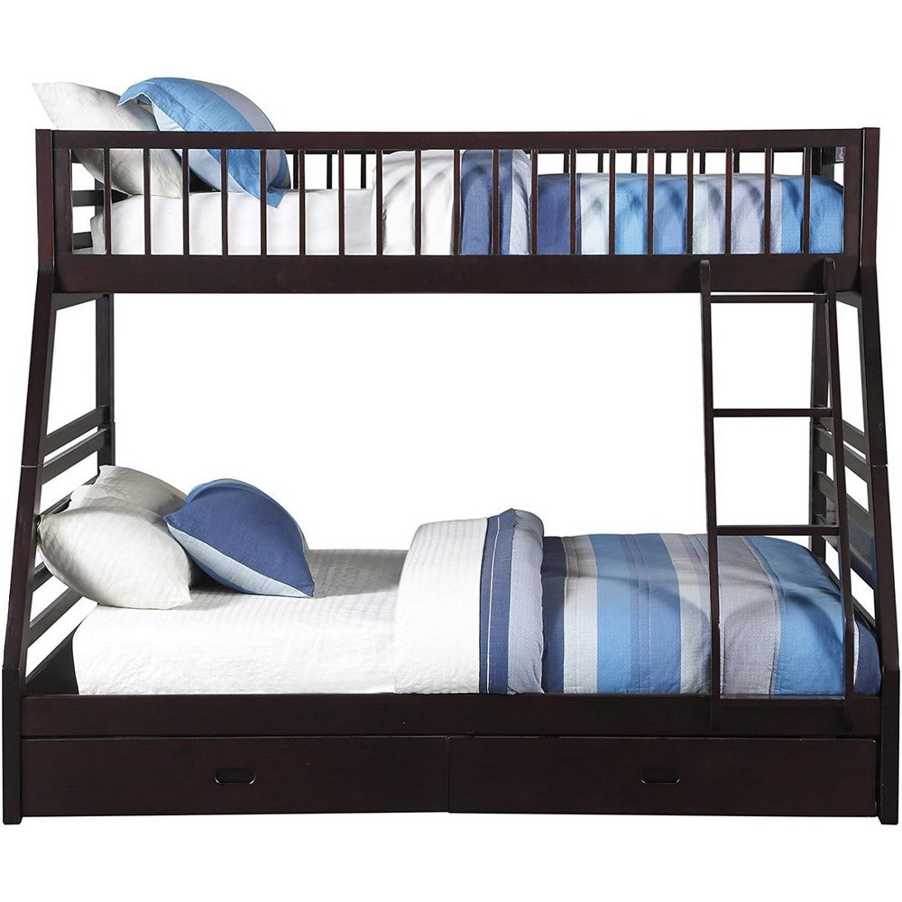Wooden TwinXL/Queen Bunk Bed with Drawers, Espresso Brown