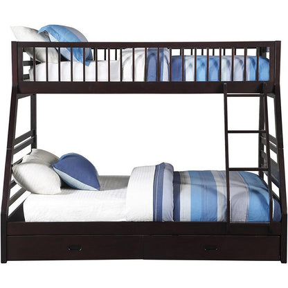 Wooden TwinXL/Queen Bunk Bed with Drawers, Espresso Brown