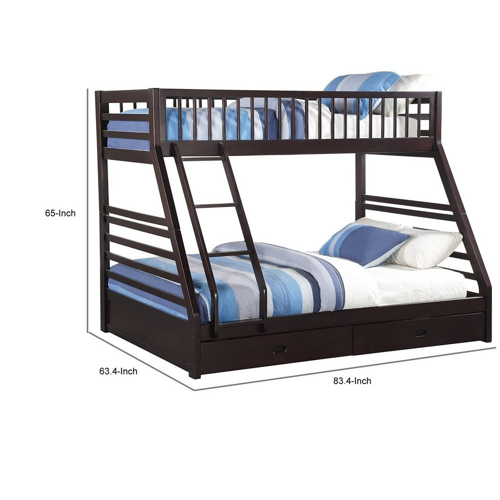 Wooden TwinXL/Queen Bunk Bed with Drawers, Espresso Brown
