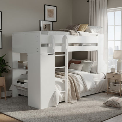 Wooden Twin Size Loft Bunk Bed with Workstation and Ladder, White