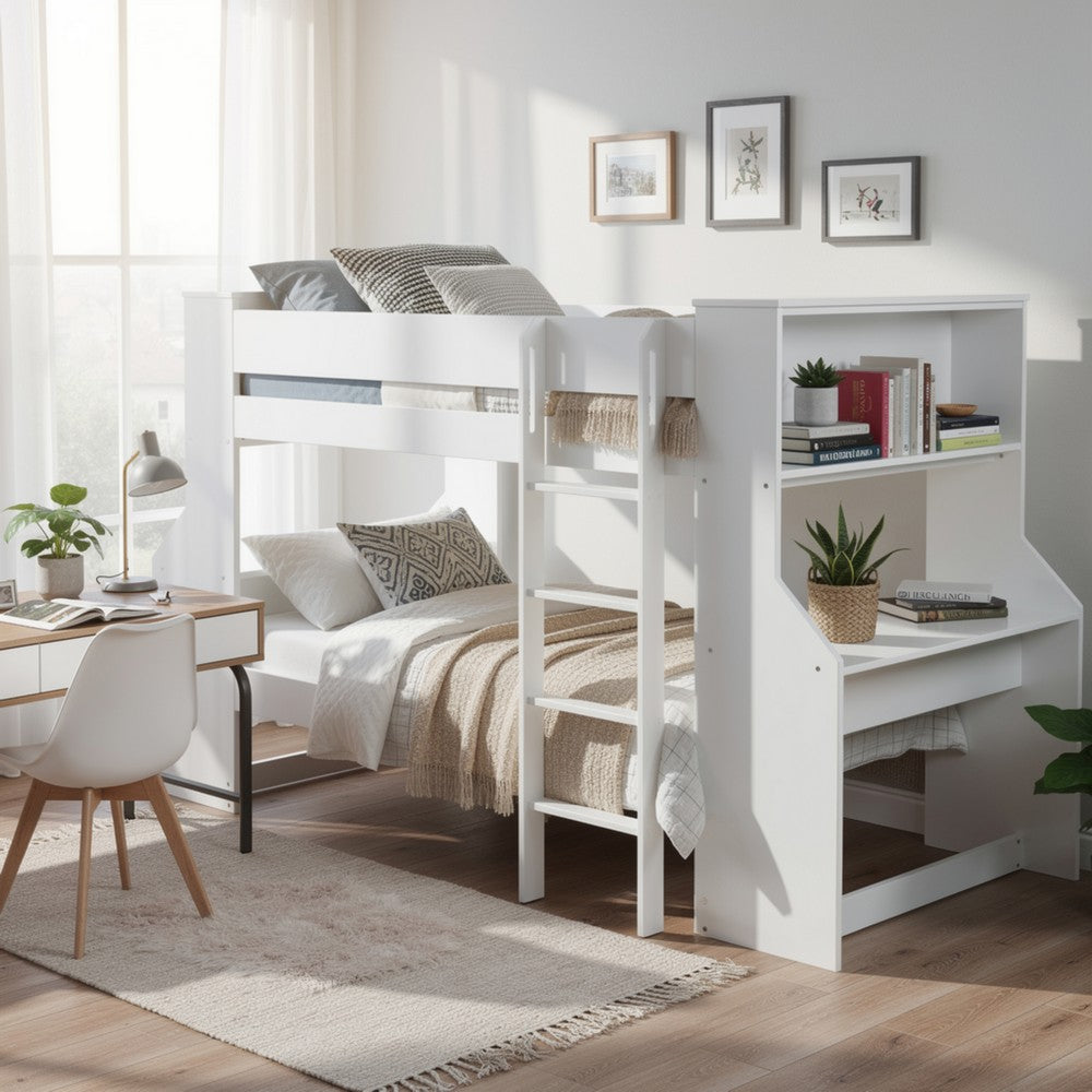 Wooden Twin Size Loft Bunk Bed with Workstation and Ladder, White