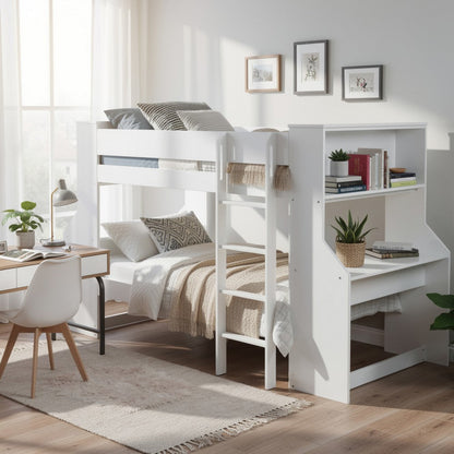 Wooden Twin Size Loft Bunk Bed with Workstation and Ladder, White