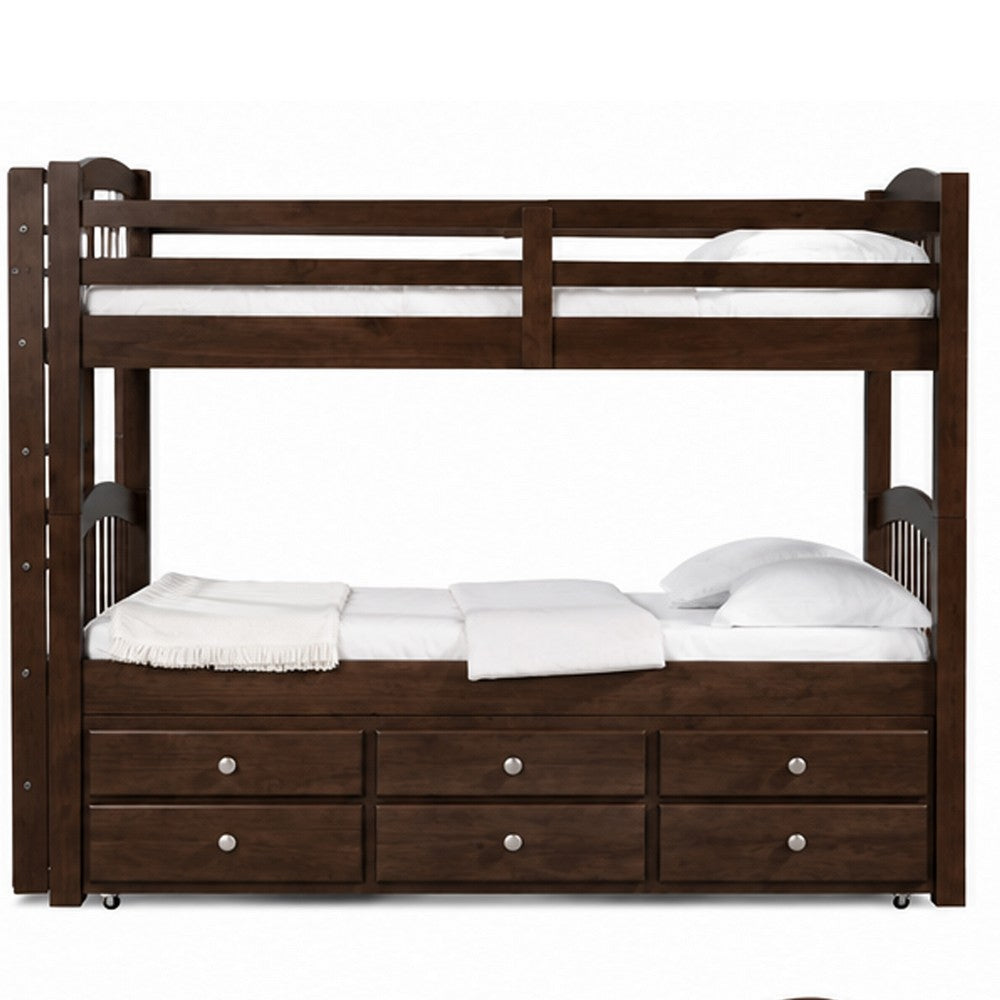 Wooden Twin/Twin Bunk Bed & Trundle with 3 Drawers, Brown