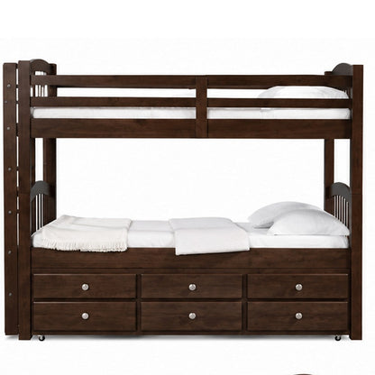 Wooden Twin/Twin Bunk Bed & Trundle with 3 Drawers, Brown