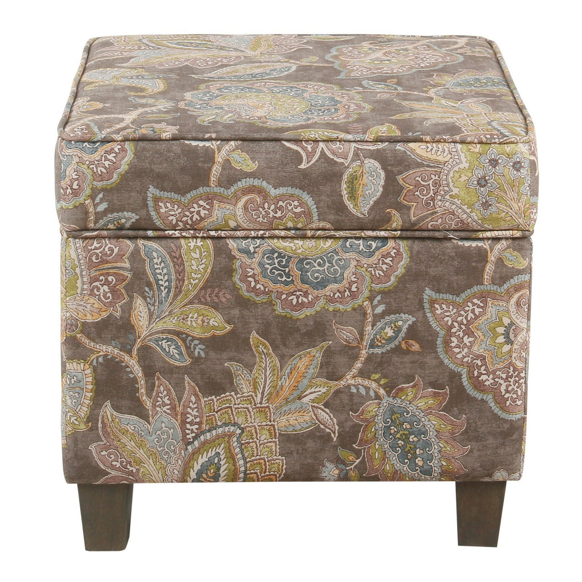 Floral Pattern Fabric Upholstered Wooden Ottoman with Lift Off Top and Tapered Feet, Multicolor