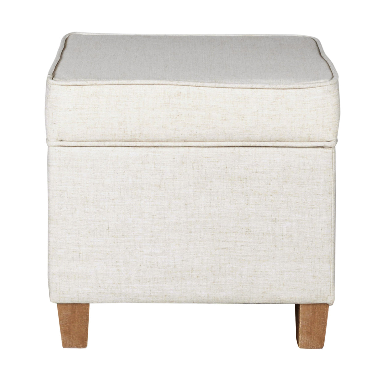 Square Shape Fabric Upholstered Ottoman with Lift Off Top and Wooden Tapered Feet, White and Brown