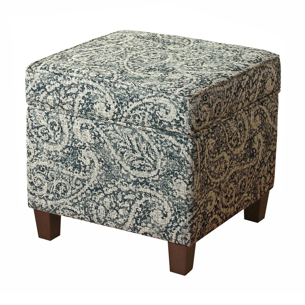 Paisley Pattern Fabric Upholstered Wooden Ottoman with Lift Off Top, Blue and Gray