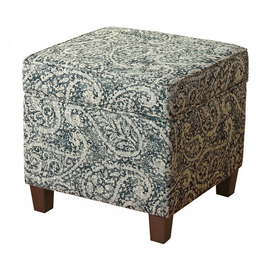 Paisley Pattern Fabric Upholstered Wooden Ottoman with Lift Off Top, Blue and Gray
