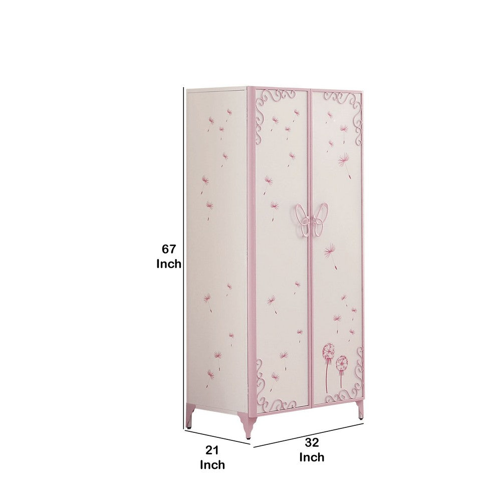 Metal Armoire with Butterfly Handle and Dandelions, White and Purple