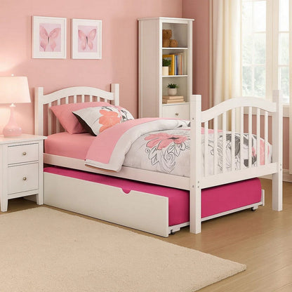 Twin Size Wooden Trundle with Caster Wheels and Cut Out Handles, White
