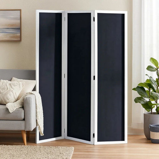 Chalkboard and Wooden 3 Panel Room Divider, Black and White