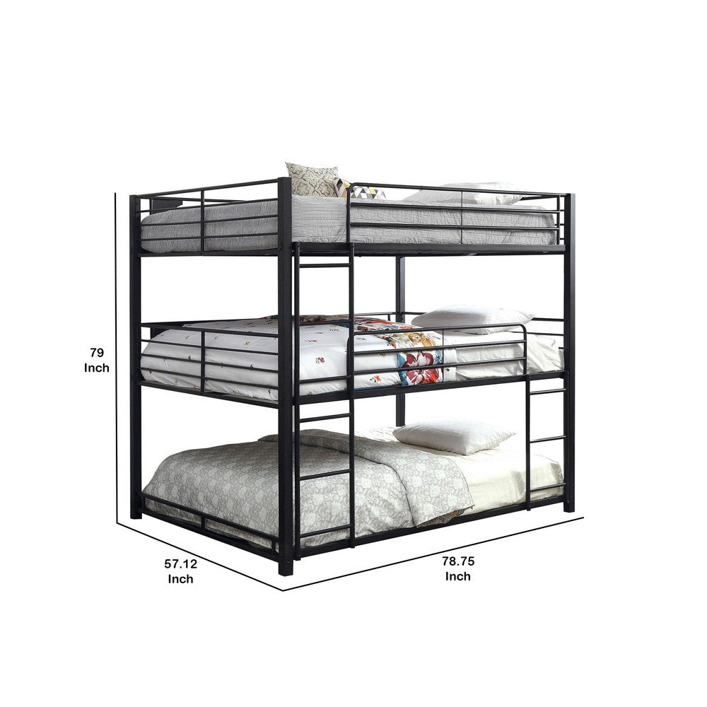 Industrial Style Queen Triple Decker Bunk Bed with Ladder, Black