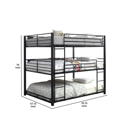 Industrial Style Queen Triple Decker Bunk Bed with Ladder, Black