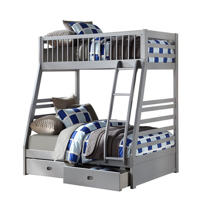Transitional Twin Size Bunk Bed with Vertical Slats and Angled Ladder,Gray