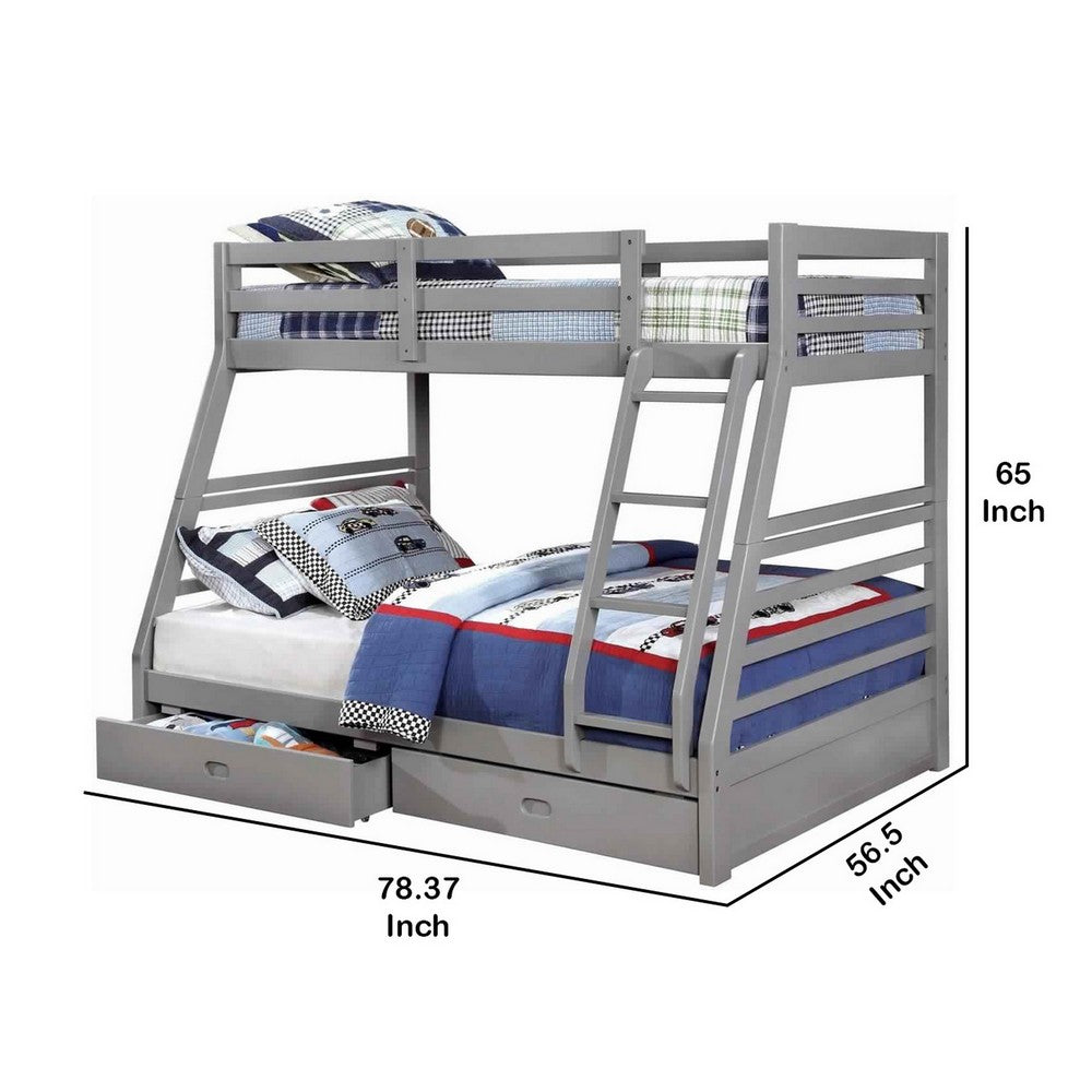 Transitional Twin Over Full Bed with Attached Ladder and Drawers, Dark Gray