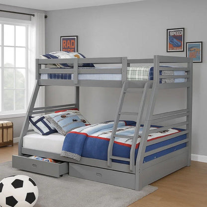 Transitional Twin Over Full Bed with Attached Ladder and Drawers, Dark Gray