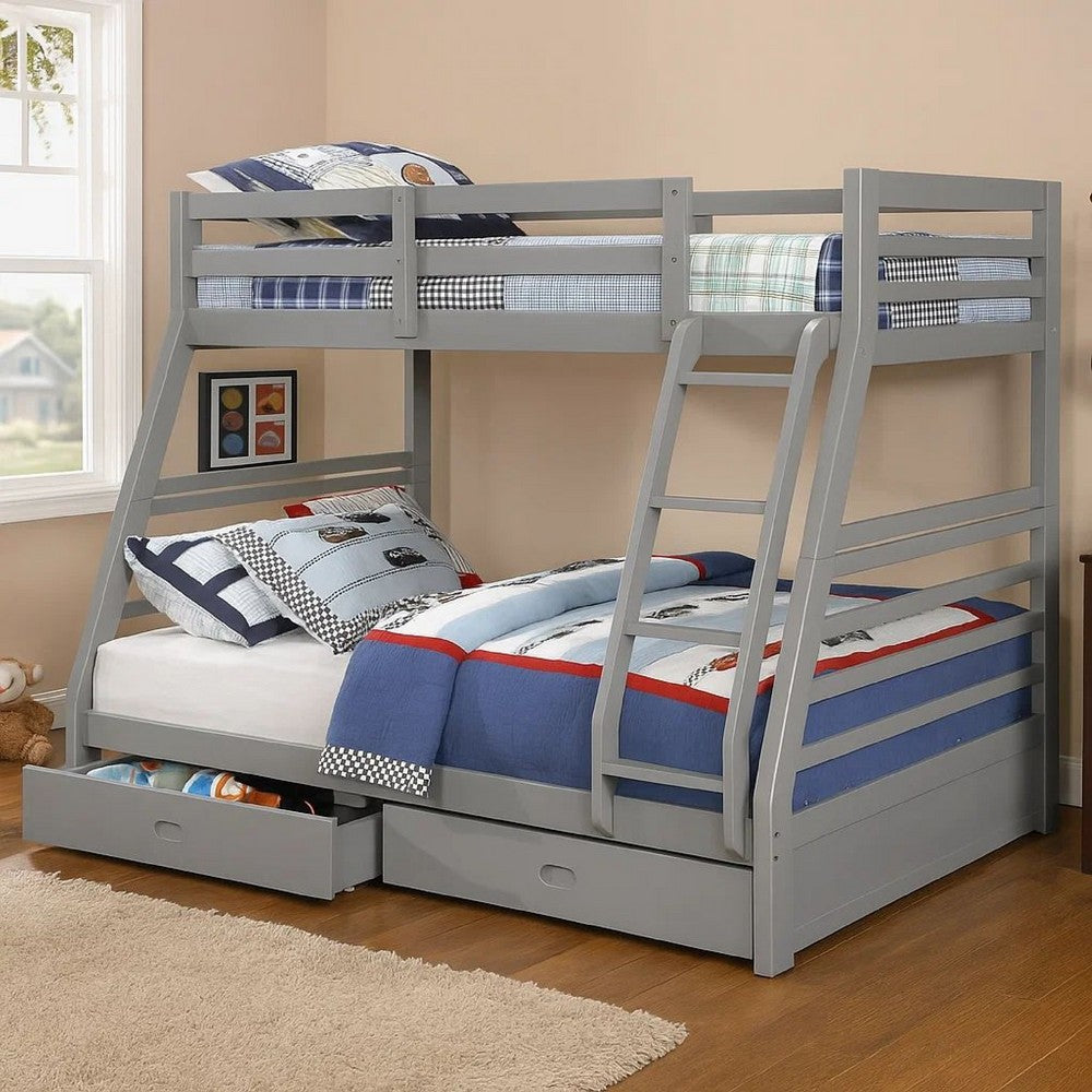 Transitional Twin Over Full Bed with Attached Ladder and Drawers, Dark Gray