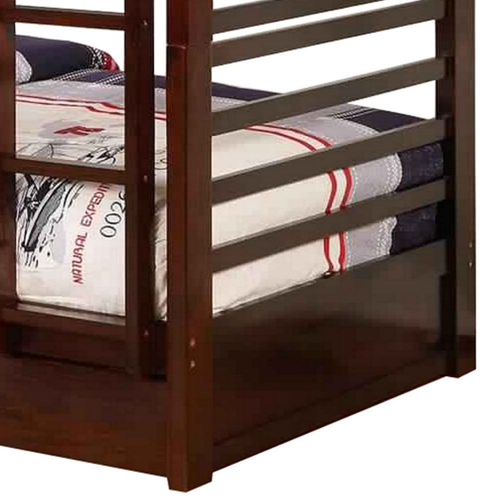 Transitional Twin Over Twin Bed with Attached Ladder and Drawers, Brown