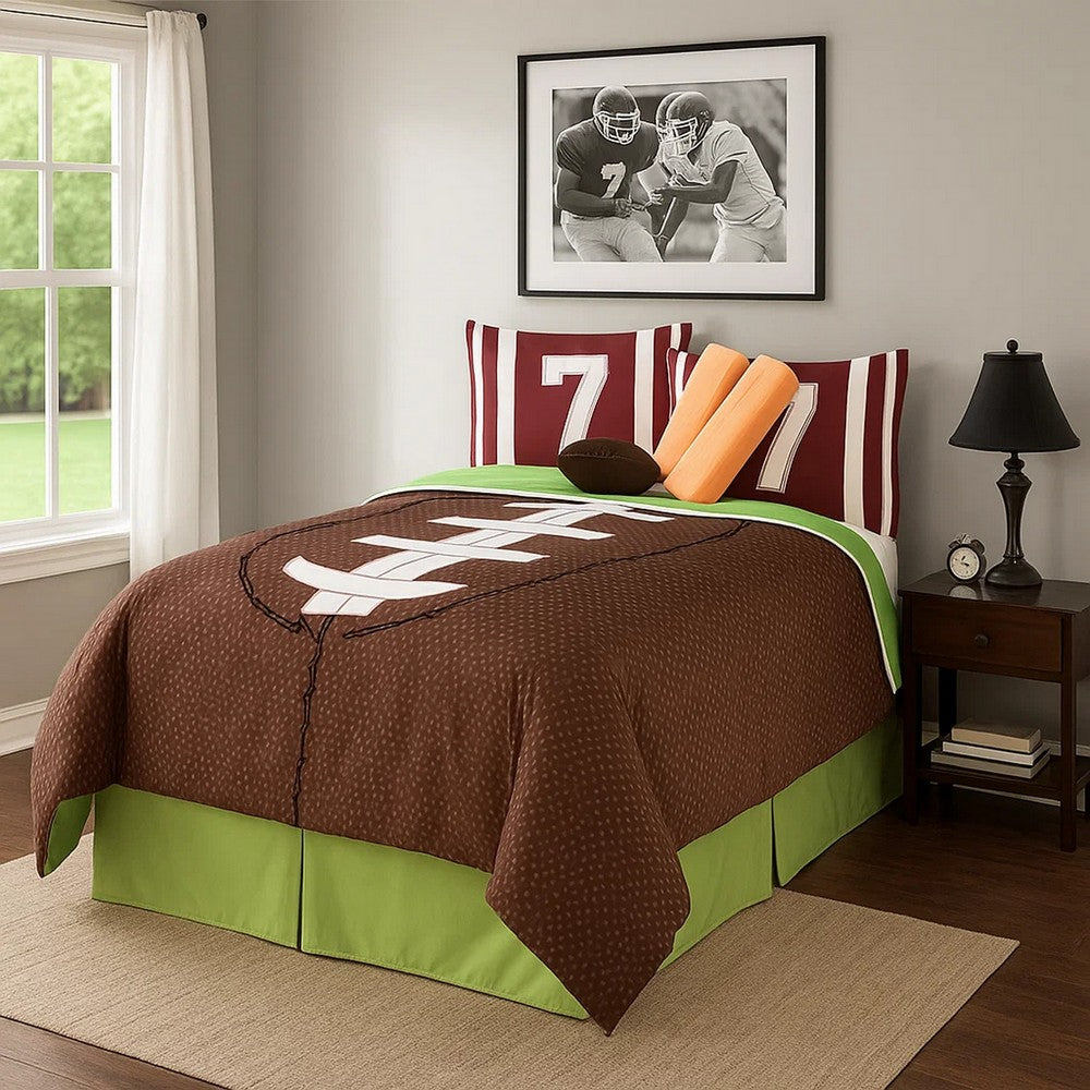 5 Piece Twin Comforter Set with Football Field Print, Brown and Green