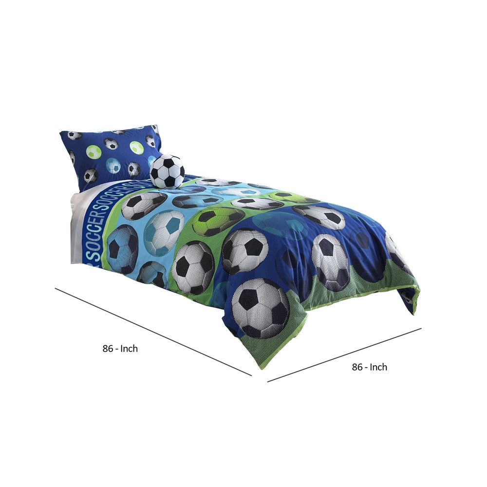 3 Piece Twin Size Comforter Set with Soccer Theme, Multicolor