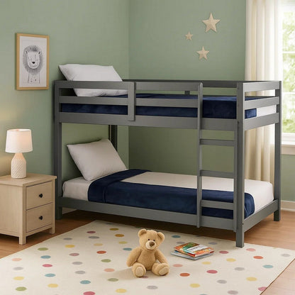 Twin Wooden Frame Loft Bed with Built In Ladder, Gray