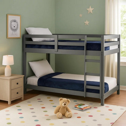 Twin Wooden Frame Loft Bed with Built In Ladder, Gray