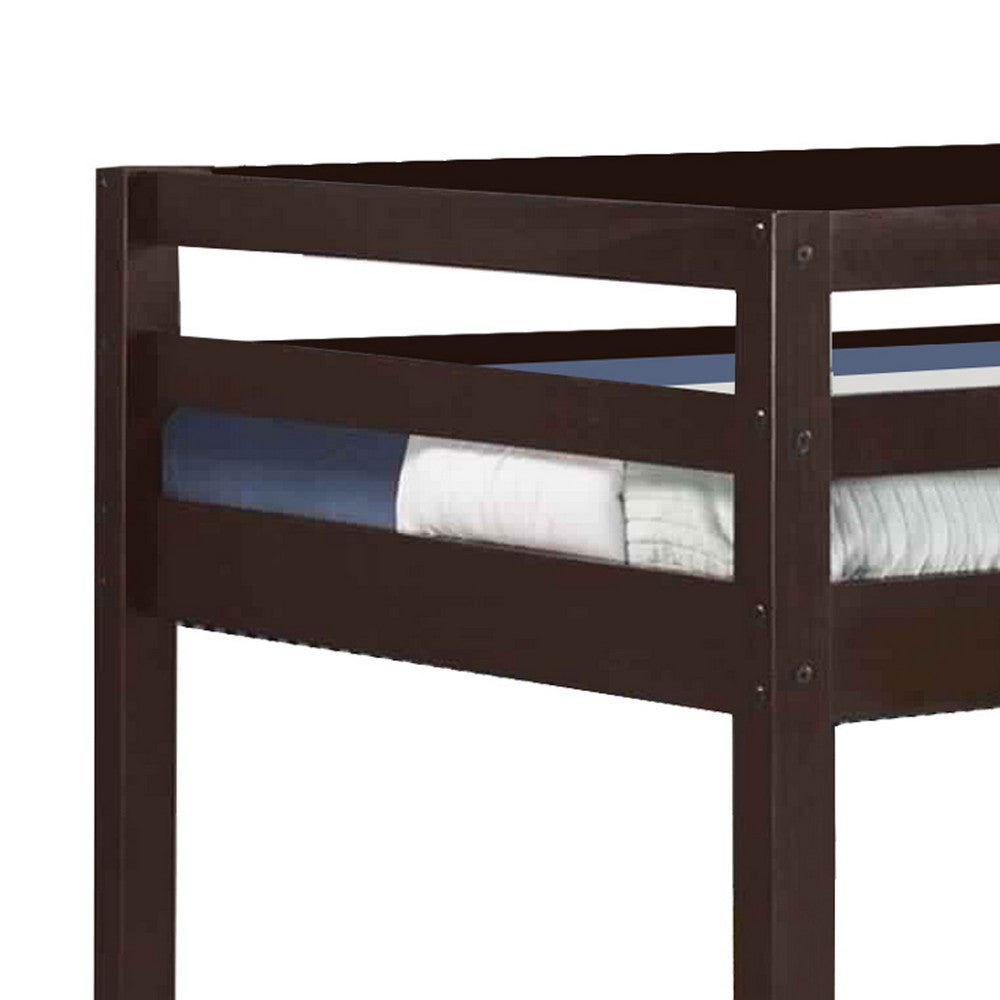 Twin Wooden Frame Loft Bed with Built In Ladder, Espresso Brown