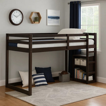 Twin Wooden Frame Loft Bed with Built In Ladder, Espresso Brown