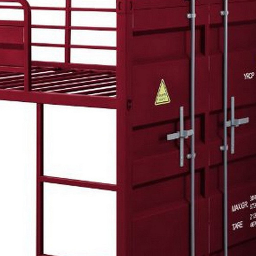 Twin Loft Bed with Metal Frame and Slide, Red