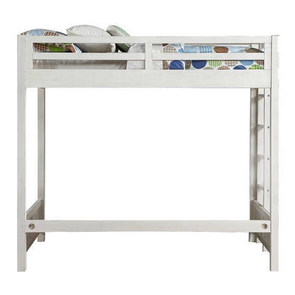 Transitional Style Twin Loft Bed, Fixed Ladder, Weathered White