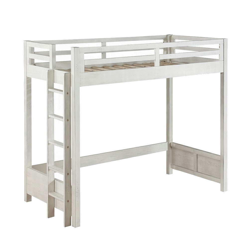 Transitional Style Twin Loft Bed, Fixed Ladder, Weathered White