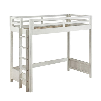 Transitional Style Twin Loft Bed, Fixed Ladder, Weathered White
