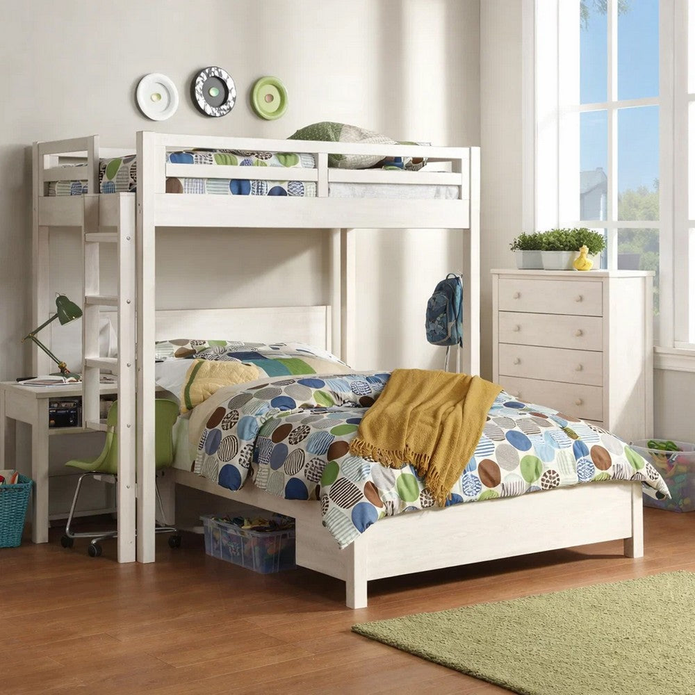 Transitional Style Twin Loft Bed, Fixed Ladder, Weathered White