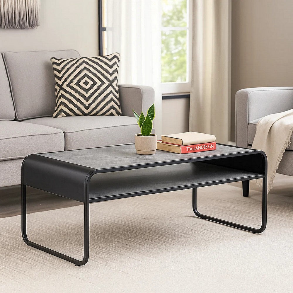 Ish 42 Inch Modern Coffee Table with Curved Edge Design, Wood, Gray, Black