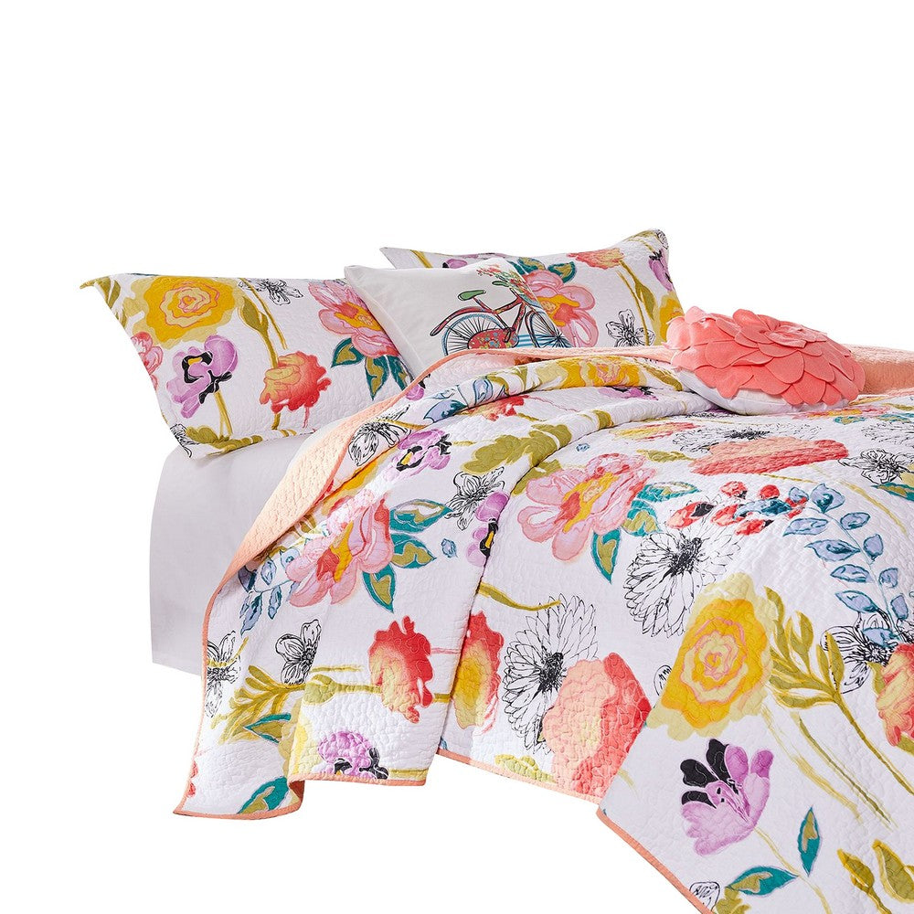 Mavi 4 Piece Reversible Twin Quilt Set, Spring Floral Print, Multicolor