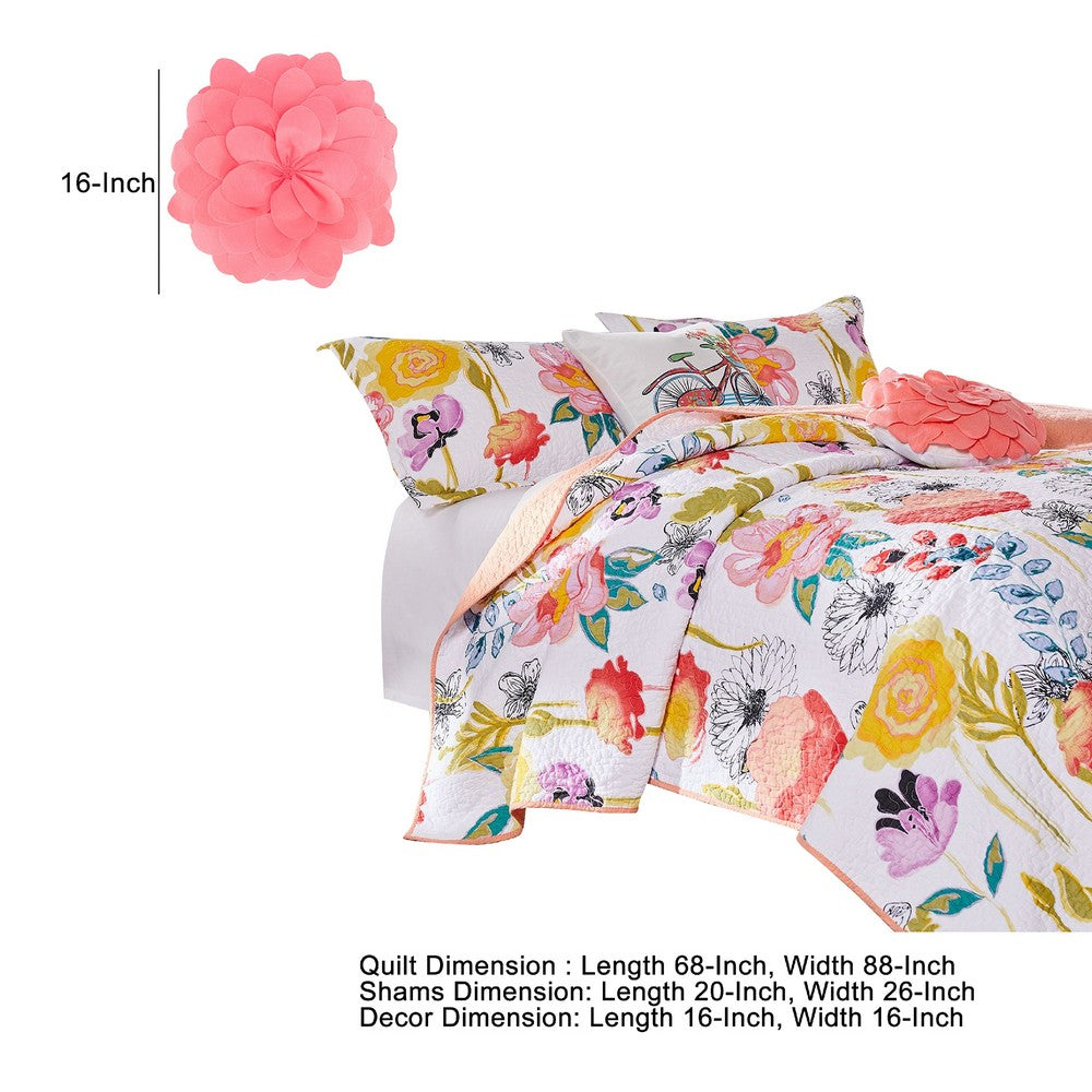 Mavi 4 Piece Reversible Twin Quilt Set, Spring Floral Print, Multicolor