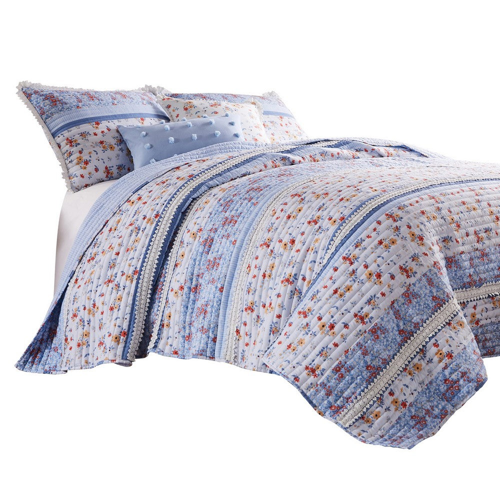 Joa 2 Piece Microfiber Twin Quilt Set, Floral Print, Lace Trim, Multicolor