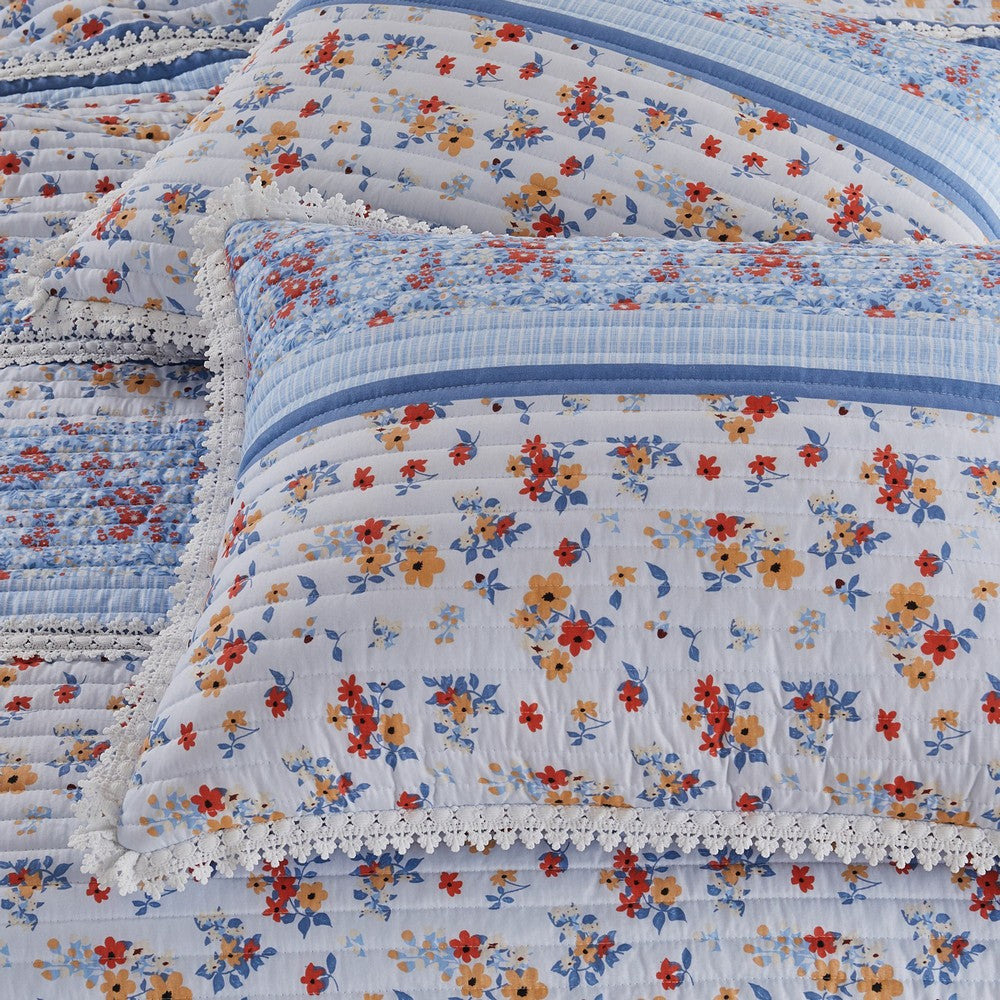 Joa 2 Piece Microfiber Twin Quilt Set, Floral Print, Lace Trim, Multicolor