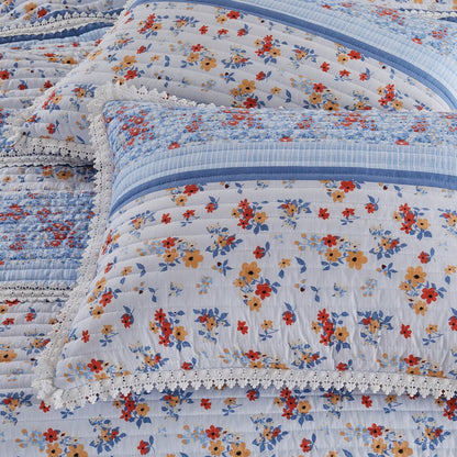 Joa 2 Piece Microfiber Twin Quilt Set, Floral Print, Lace Trim, Multicolor