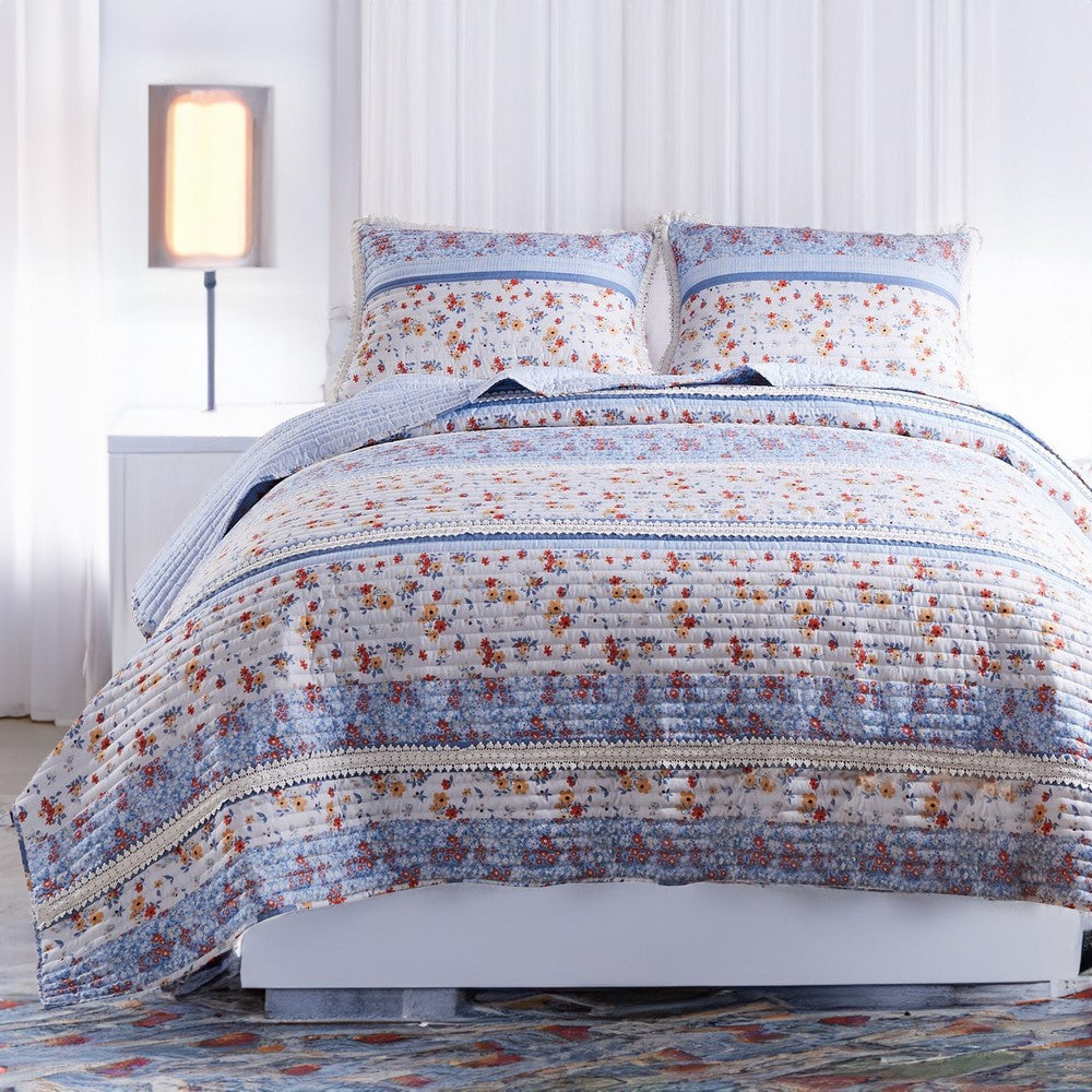 Joa 2 Piece Microfiber Twin Quilt Set, Floral Print, Lace Trim, Multicolor