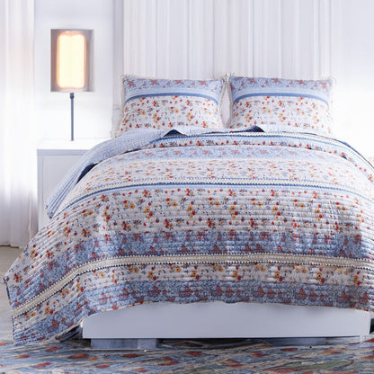 Joa 2 Piece Microfiber Twin Quilt Set, Floral Print, Lace Trim, Multicolor