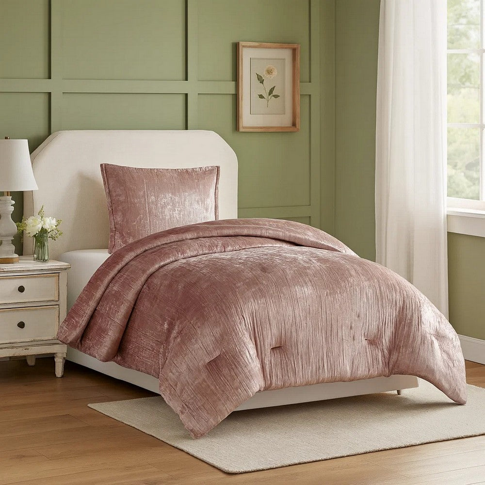 Jay 2 Piece Twin Comforter Set, Polyester Velvet, Deluxe Texture, Pink