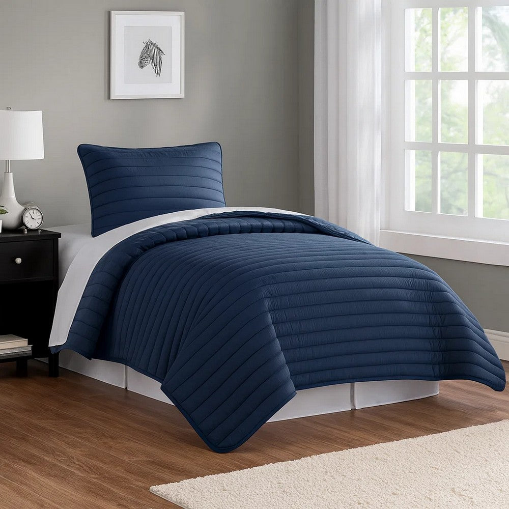 Cabe 2 Piece Twin Comforter Set, Polyester Puffer Channel Quilted Navy Blue