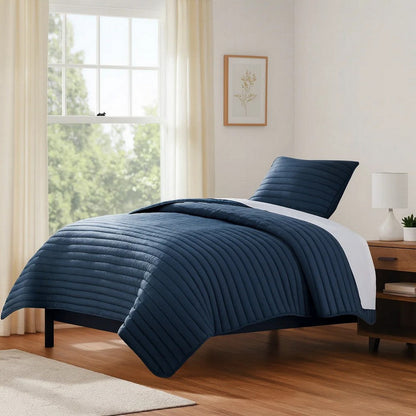 Cabe 2 Piece Twin Comforter Set, Polyester Puffer Channel Quilted Navy Blue