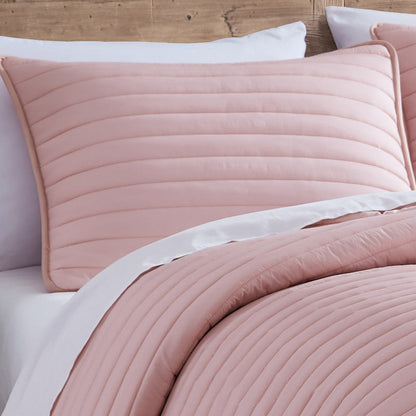 Cabe 3 Piece Queen Comforter Set, Polyester Puffer Channel Quilt, Rose Pink