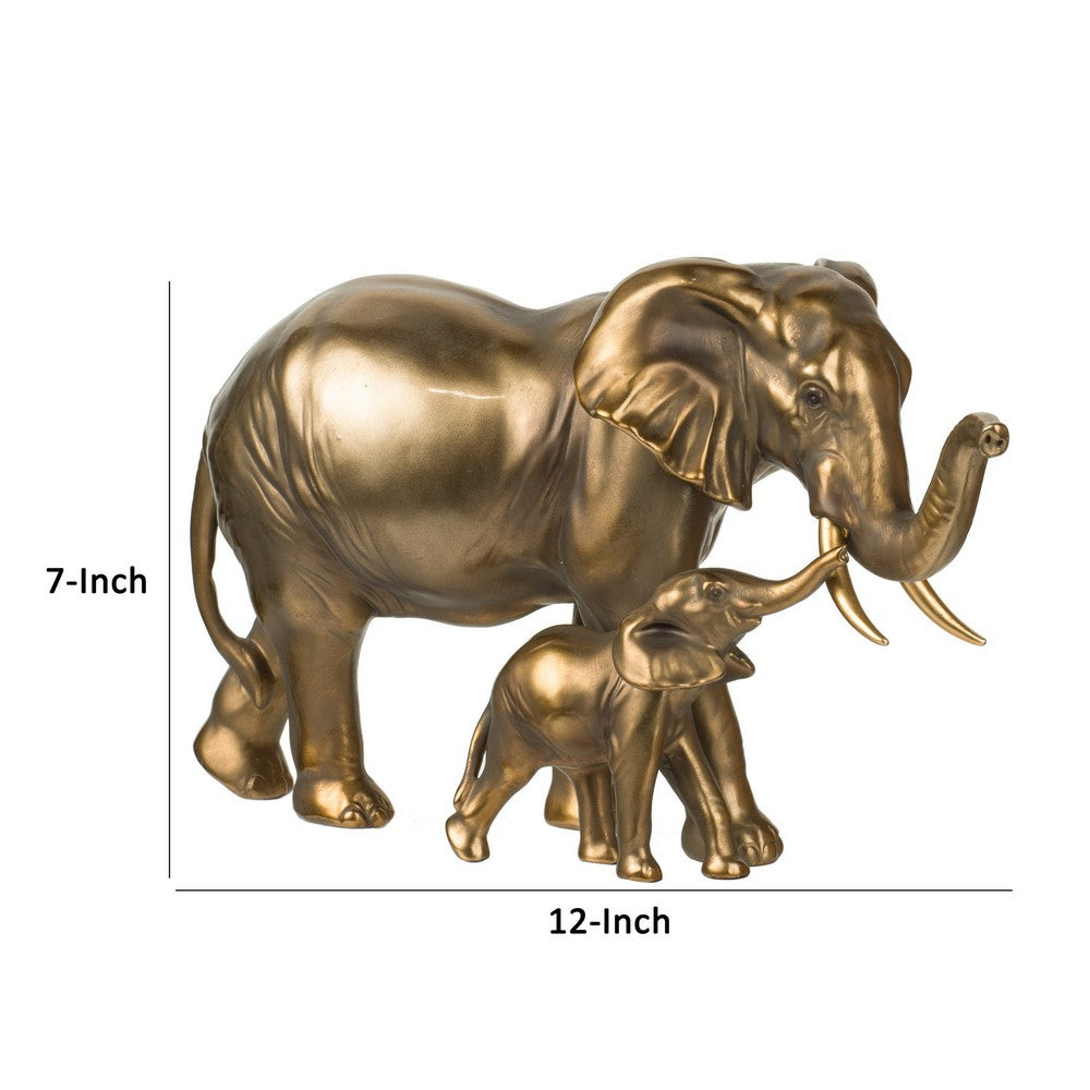 Don 12 Inch Elephant and Baby Statuette, Table Accent Decor, Gold Polyresin
